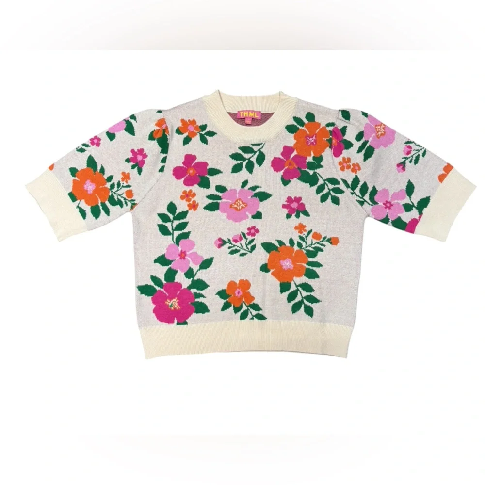 THML Cream Floral Knit Top with Pink and Orange Blooms - Picture 2 of 8